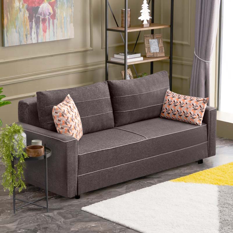 LANA three-seater sofa bed in brown fabric, showcasing its elegant design and spacious seating.