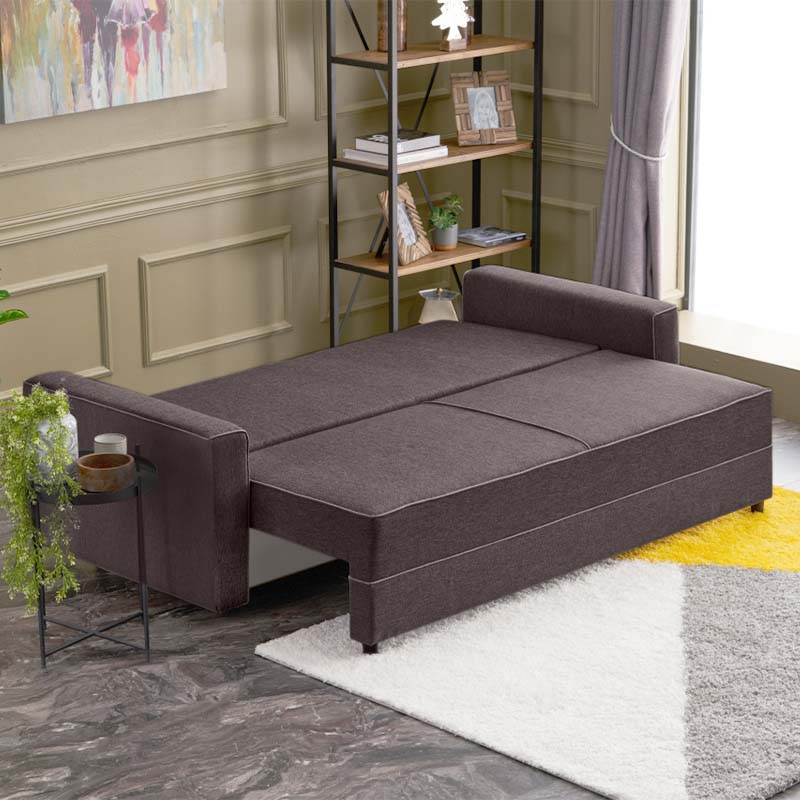 LANA three-seater sofa bed in brown fabric, showcasing its elegant design and spacious seating.