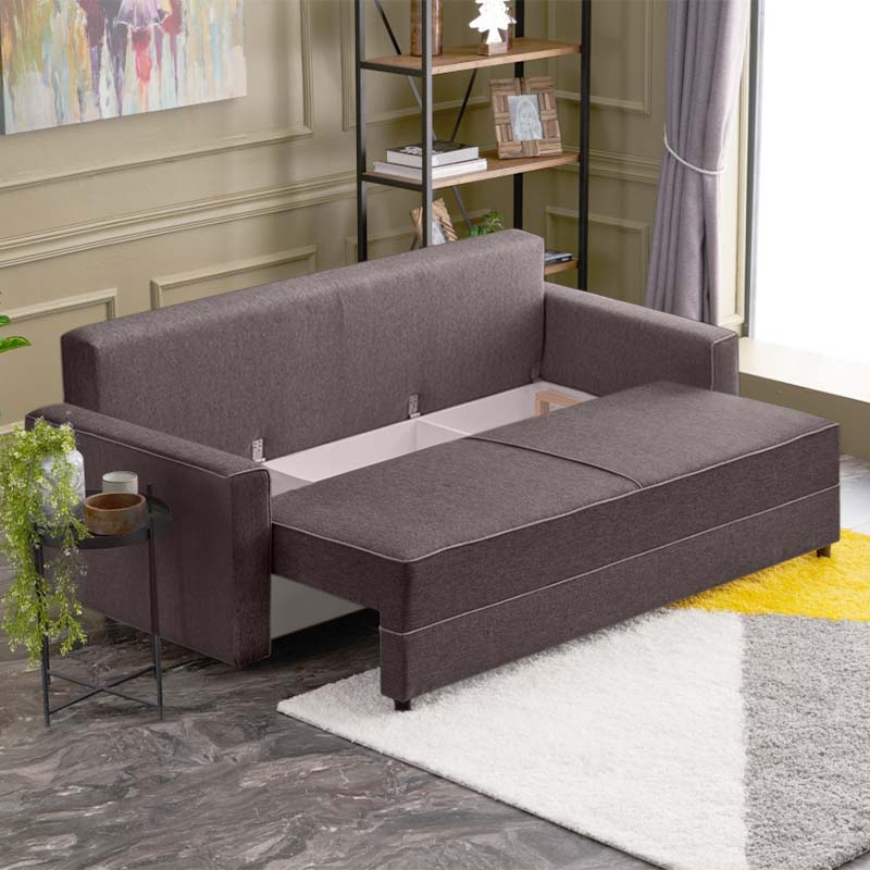 LANA three-seater sofa bed in brown fabric, showcasing its elegant design and spacious seating.