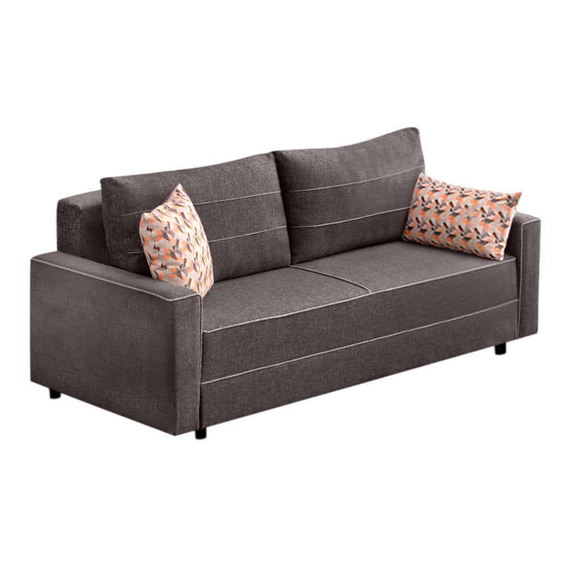 LANA three-seater sofa bed in brown fabric, showcasing its elegant design and spacious seating.