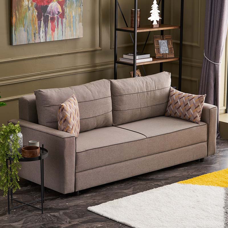 LANA three-seater sofa bed in cream color, showcasing its elegant design and spacious seating.