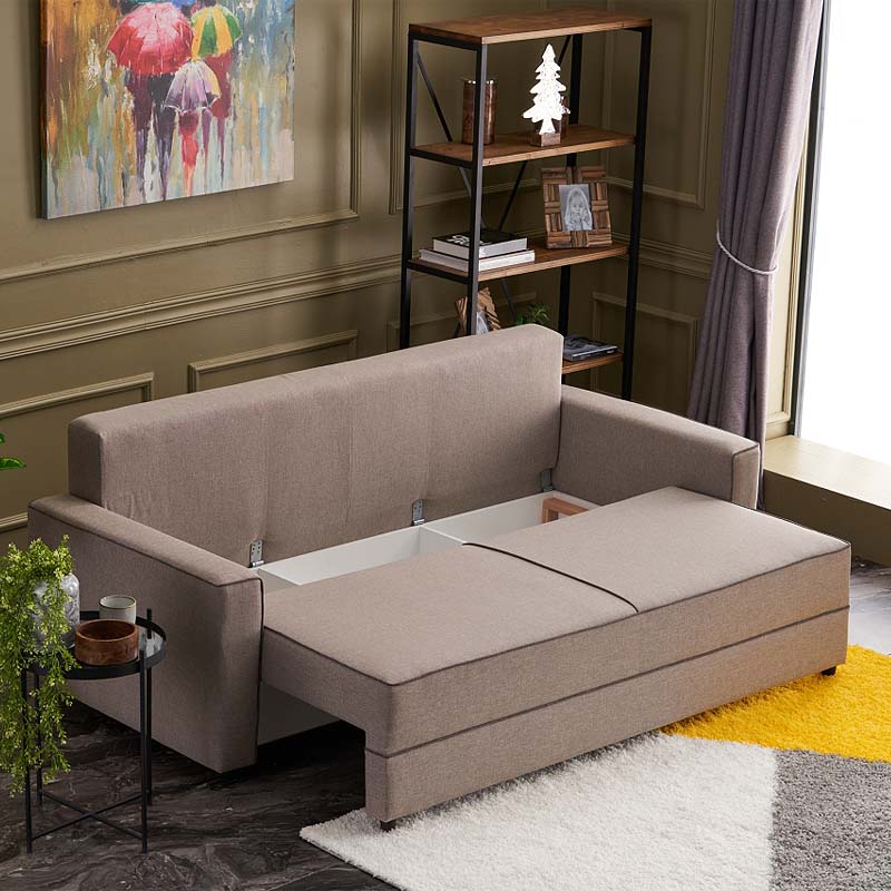 LANA three-seater sofa bed in cream color, showcasing its elegant design and spacious seating.