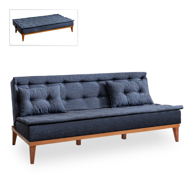 Sofa-Bed LONDON in dark blue fabric, showcasing its three-seater design and elegant minimalistic style.