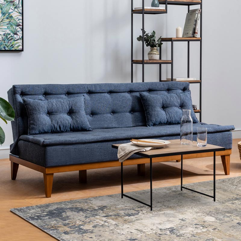 Sofa-Bed LONDON in dark blue fabric, showcasing its three-seater design and elegant minimalistic style.