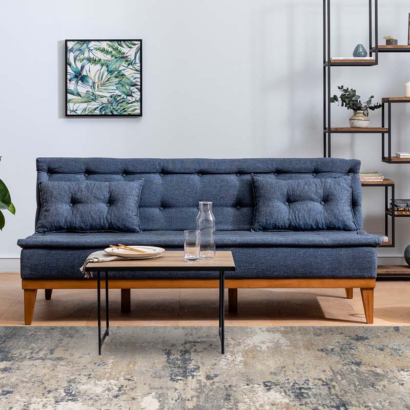 Sofa-Bed LONDON in dark blue fabric, showcasing its three-seater design and elegant minimalistic style.