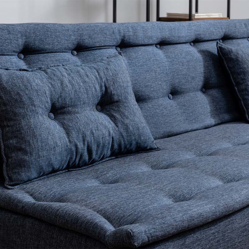 Sofa-Bed LONDON in dark blue fabric, showcasing its three-seater design and elegant minimalistic style.