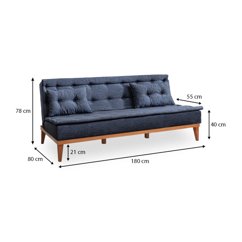 Sofa-Bed LONDON in dark blue fabric, showcasing its three-seater design and elegant minimalistic style.