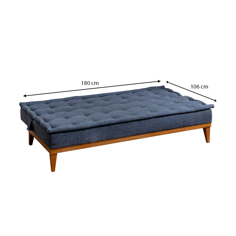 Sofa-Bed LONDON in dark blue fabric, showcasing its three-seater design and elegant minimalistic style.