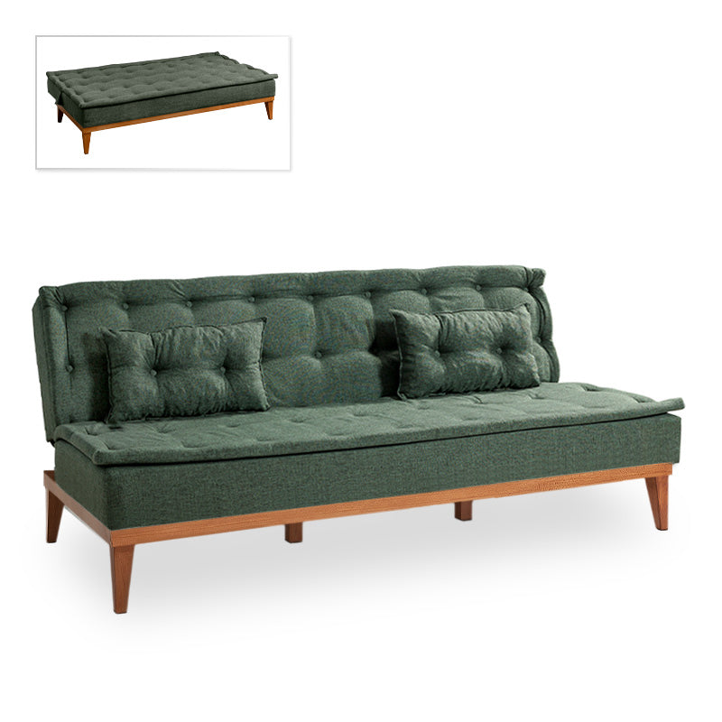 Sofa-Bed LONDON three-seater in green fabric, showcasing its minimalist design and comfortable seating.