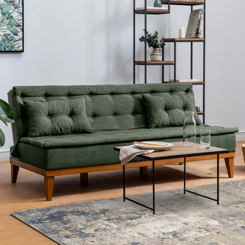 Sofa-Bed LONDON three-seater in green fabric, showcasing its minimalist design and comfortable seating.