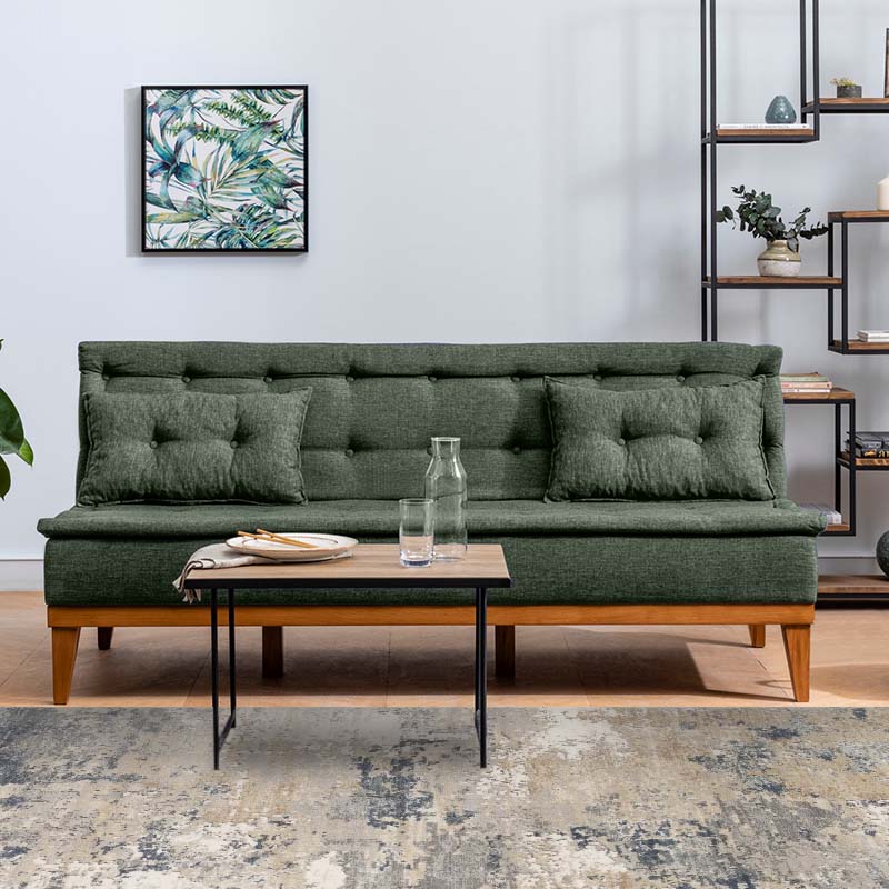 Sofa-Bed LONDON three-seater in green fabric, showcasing its minimalist design and comfortable seating.