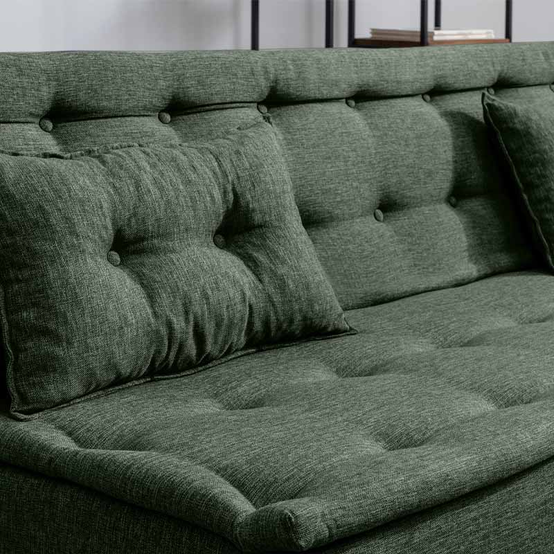 Sofa-Bed LONDON three-seater in green fabric, showcasing its minimalist design and comfortable seating.