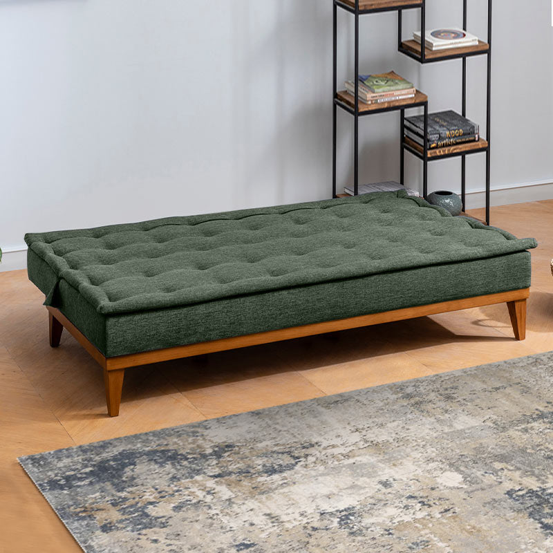 Sofa-Bed LONDON three-seater in green fabric, showcasing its minimalist design and comfortable seating.