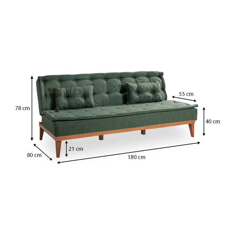 Sofa-Bed LONDON three-seater in green fabric, showcasing its minimalist design and comfortable seating.