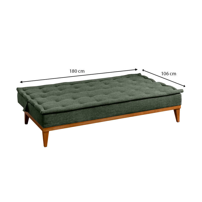 Sofa-Bed LONDON three-seater in green fabric, showcasing its minimalist design and comfortable seating.