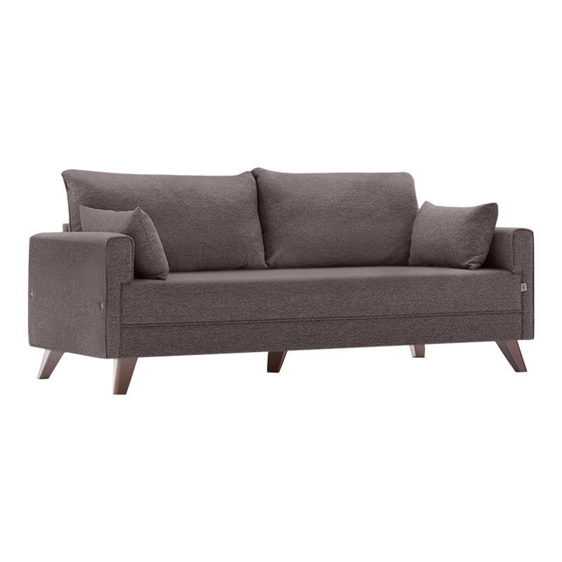 MOLDAU three-seater sofa bed in brown fabric, showcasing its elegant design and dimensions.