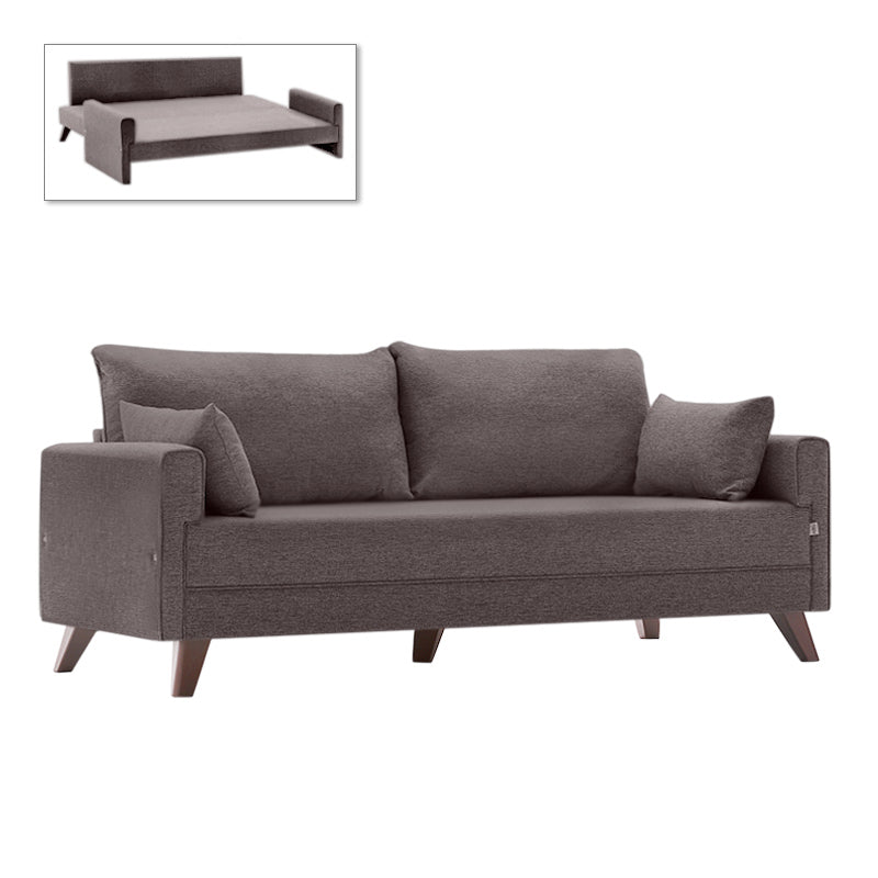 MOLDAU three-seater sofa bed in brown fabric, showcasing its elegant design and dimensions.