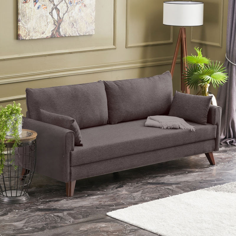 MOLDAU three-seater sofa bed in brown fabric, showcasing its elegant design and dimensions.