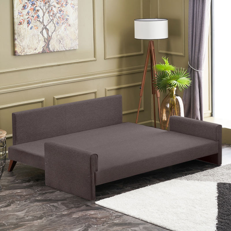 MOLDAU three-seater sofa bed in brown fabric, showcasing its elegant design and dimensions.