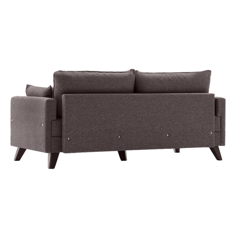 MOLDAU three-seater sofa bed in brown fabric, showcasing its elegant design and dimensions.