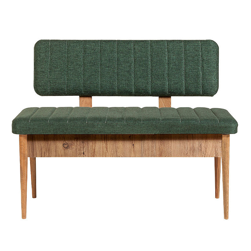 SOFIA 2-seater sofa in green with velvet upholstery and wooden legs, showcasing its minimalist design and storage space.