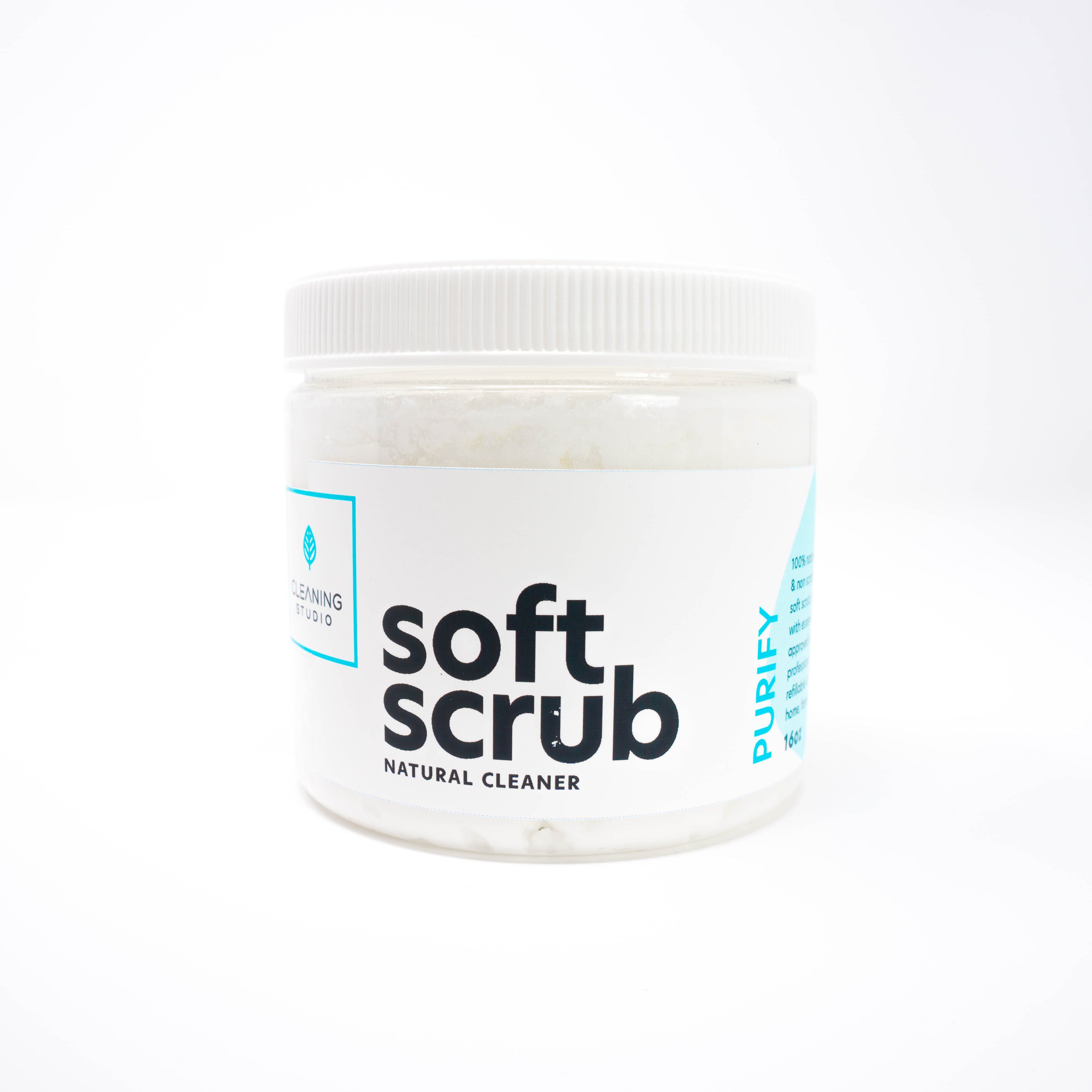 A plastic jar of Soft Scrub cleaner, showcasing its natural ingredients and non-scratch formula for effective cleaning.