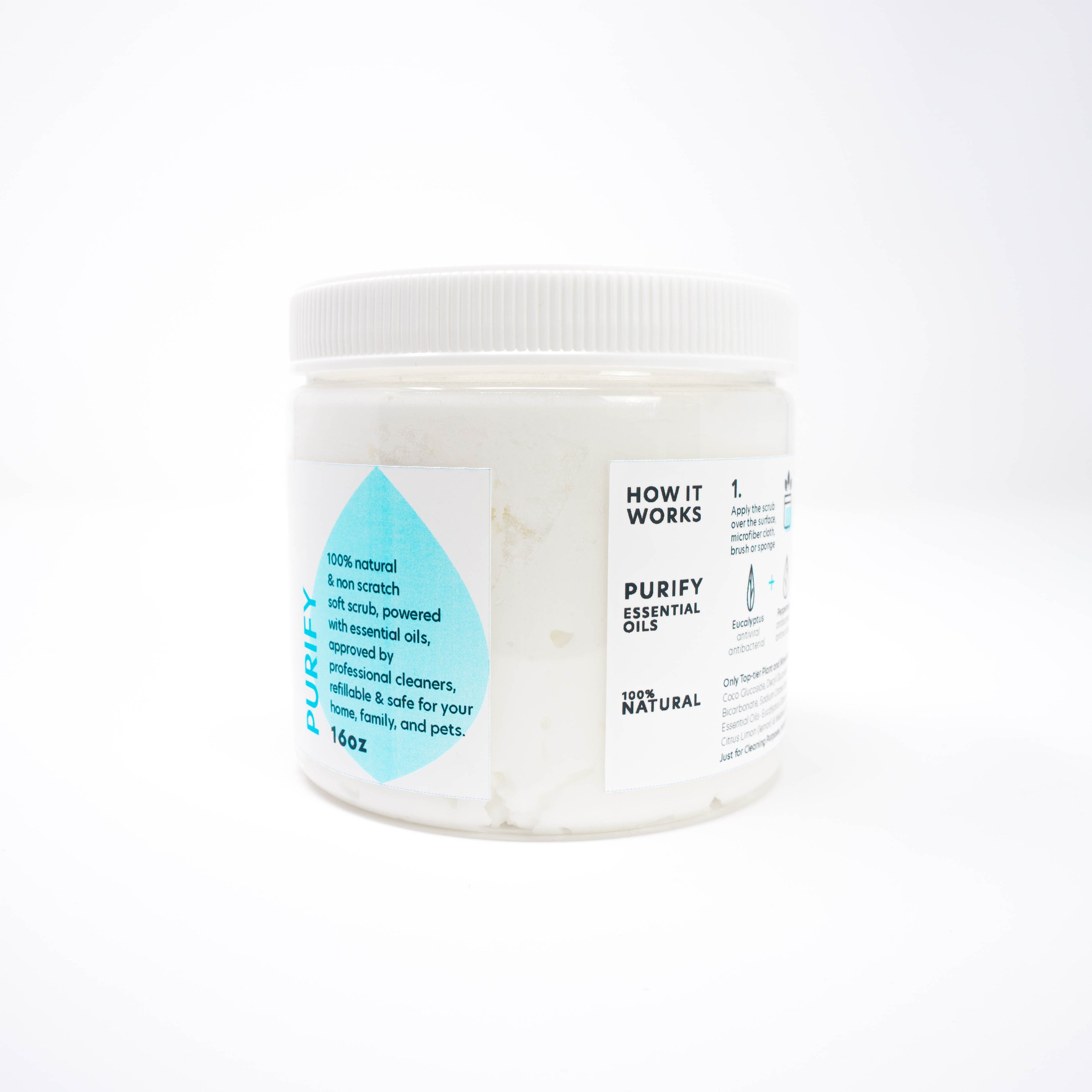 A plastic jar of Soft Scrub cleaner, showcasing its natural ingredients and non-scratch formula for effective cleaning.