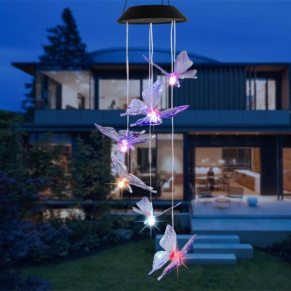 Colorful Solar Intelligent Light Control Butterfly Wind Chime hanging in a garden, showcasing its vibrant LED lights and durable design.