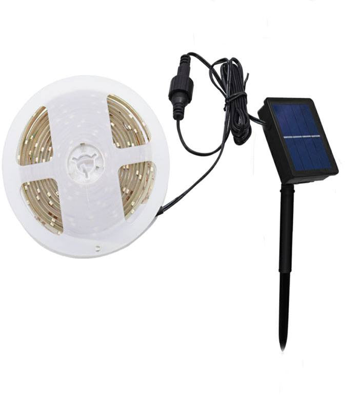 A 3-meter long Solar LED Strip Light with a self-adhesive backing, showcasing its flexibility and waterproof design, ideal for outdoor use.