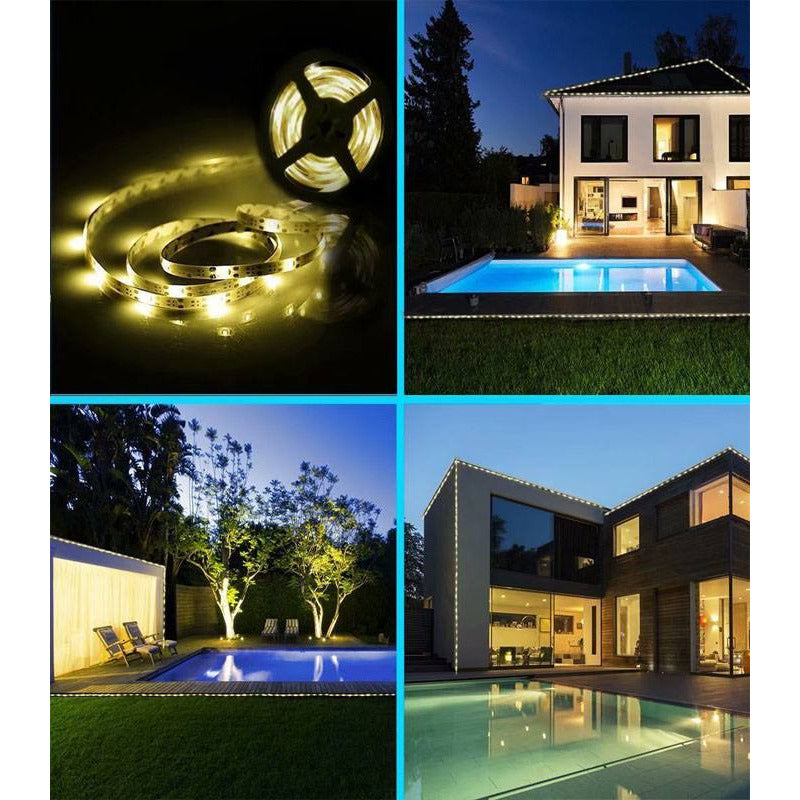 A 3-meter long Solar LED Strip Light with a self-adhesive backing, showcasing its flexibility and waterproof design, ideal for outdoor use.