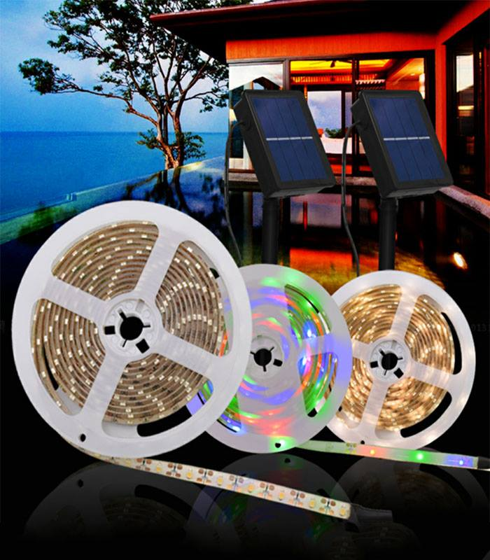 A 3-meter long Solar LED Strip Light with a self-adhesive backing, showcasing its flexibility and waterproof design, ideal for outdoor use.