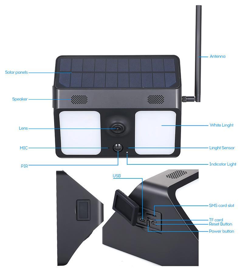 Solar Power Camera IP WiFi Wide-angle outdoor CCTV Security Yard Lamp with PIR motion detection and colorful night vision.