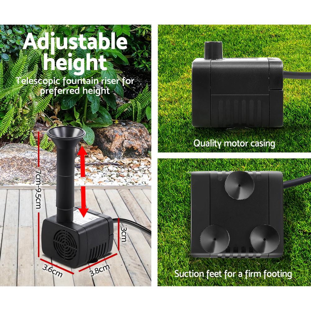 Solar Powered Pond Pump Submersible Fountain with solar panel and water pump, designed for outdoor garden use.