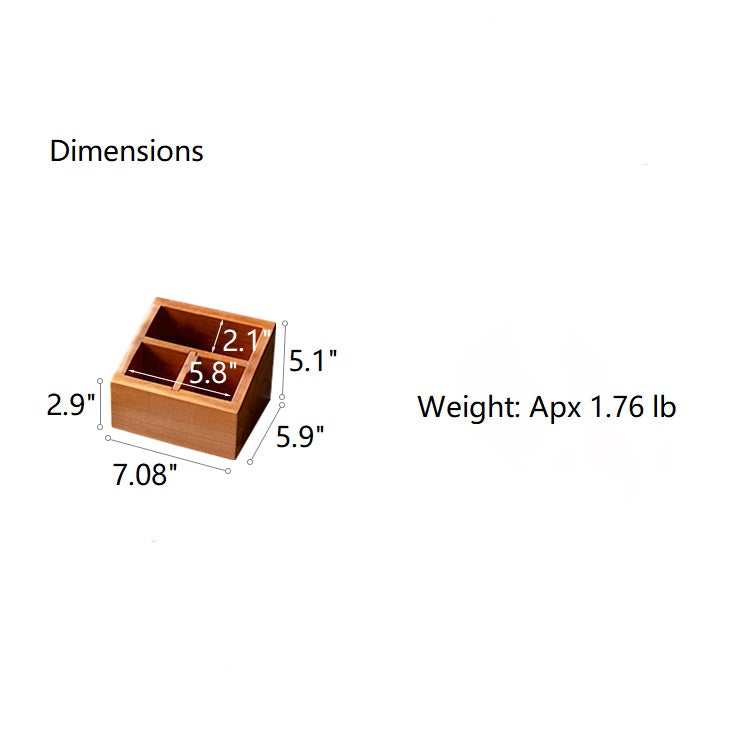 A handcrafted solid wood desktop organizer in natural brown, featuring compartments for pens and small office supplies.