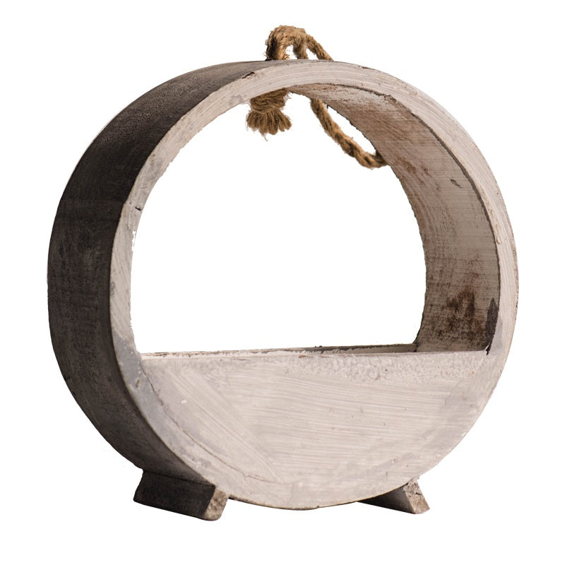 Solid Wood Hanging Planter in round shape, crafted from Paulownia wood, available in white and light gray colors.