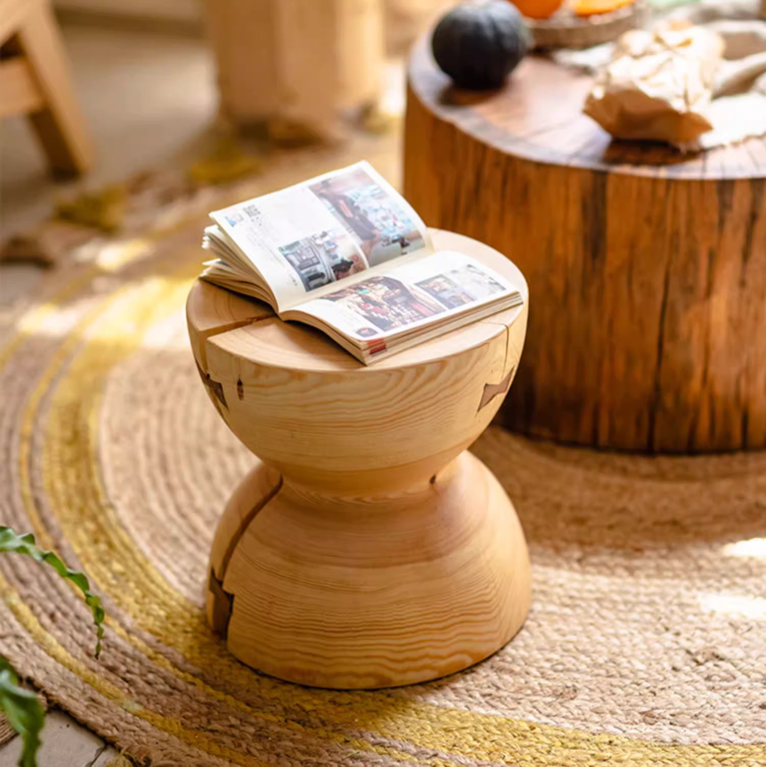 Solid Wood Natural End Table made from pine and walnut, showcasing unique wood grain and natural color.