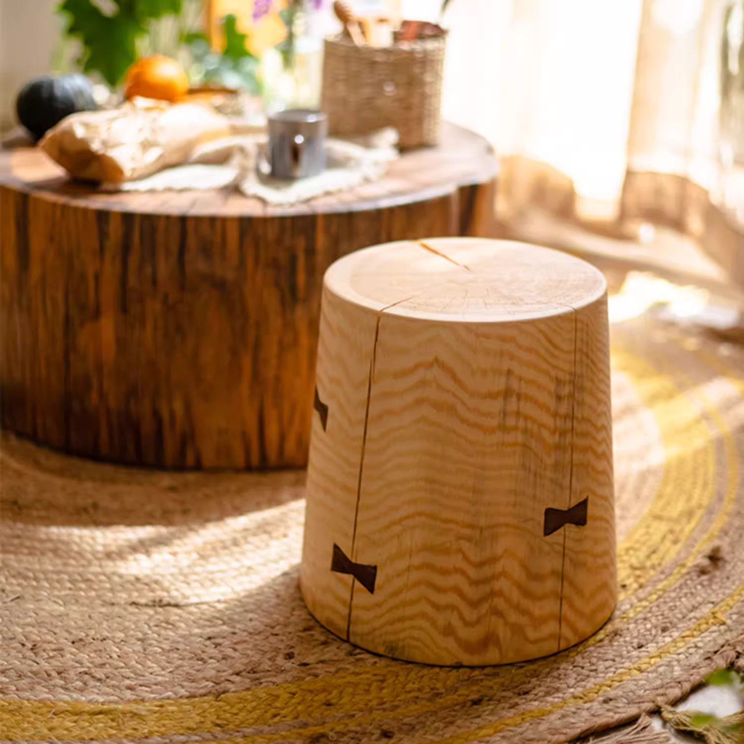 Solid Wood Natural End Table made from pine and walnut, showcasing unique wood grain and natural color.