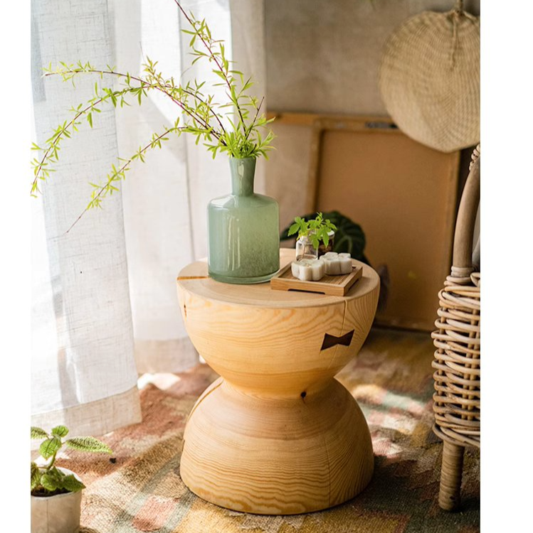 Solid Wood Natural End Table made from pine and walnut, showcasing unique wood grain and natural color.