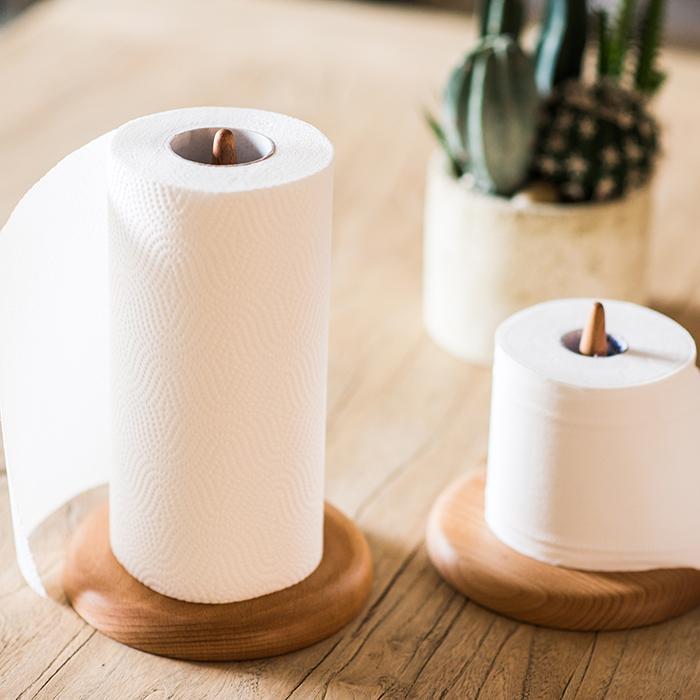 Solid Wood Paper Towel Holder in khaki and natural finishes, showcasing its handcrafted design and elegant appearance.