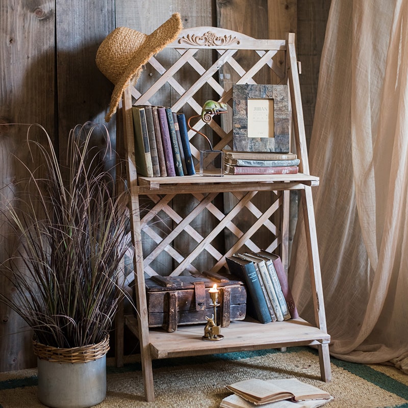 Solid Wood Two Tier Plant Stand Book Shelf in light brown, showcasing plants and books elegantly on two levels.