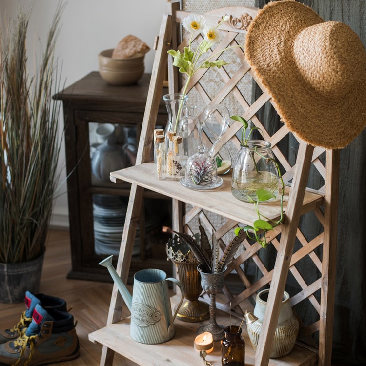 Solid Wood Two Tier Plant Stand Book Shelf in light brown, showcasing plants and books elegantly on two levels.