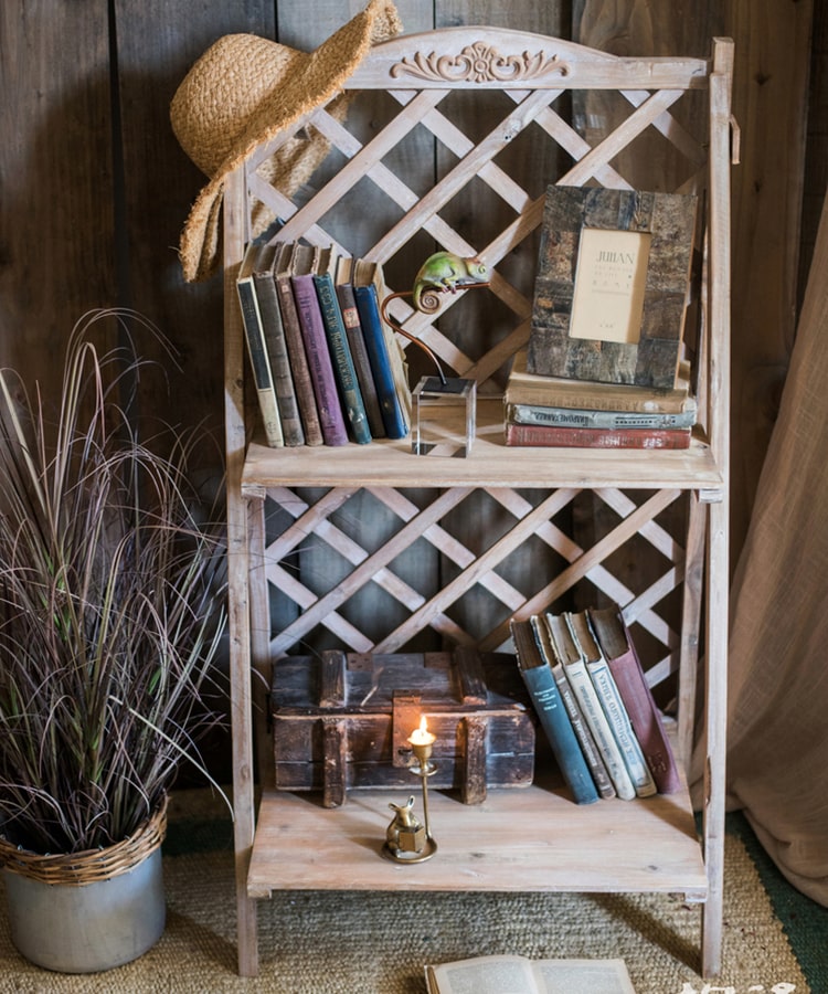 Solid Wood Two Tier Plant Stand Book Shelf in light brown, showcasing plants and books elegantly on two levels.