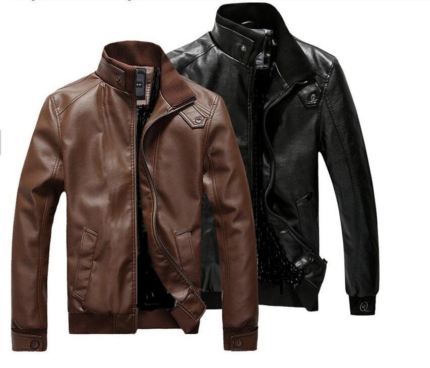 A stylish Songsongding Men's Leather Korean Slim Jacket in brown and black, featuring a stand collar and zipper closure.