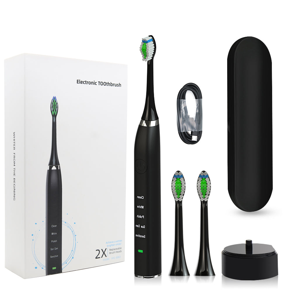 Sonic Electric Toothbrush in black and white with charging base, showcasing its sleek design and waterproof features.