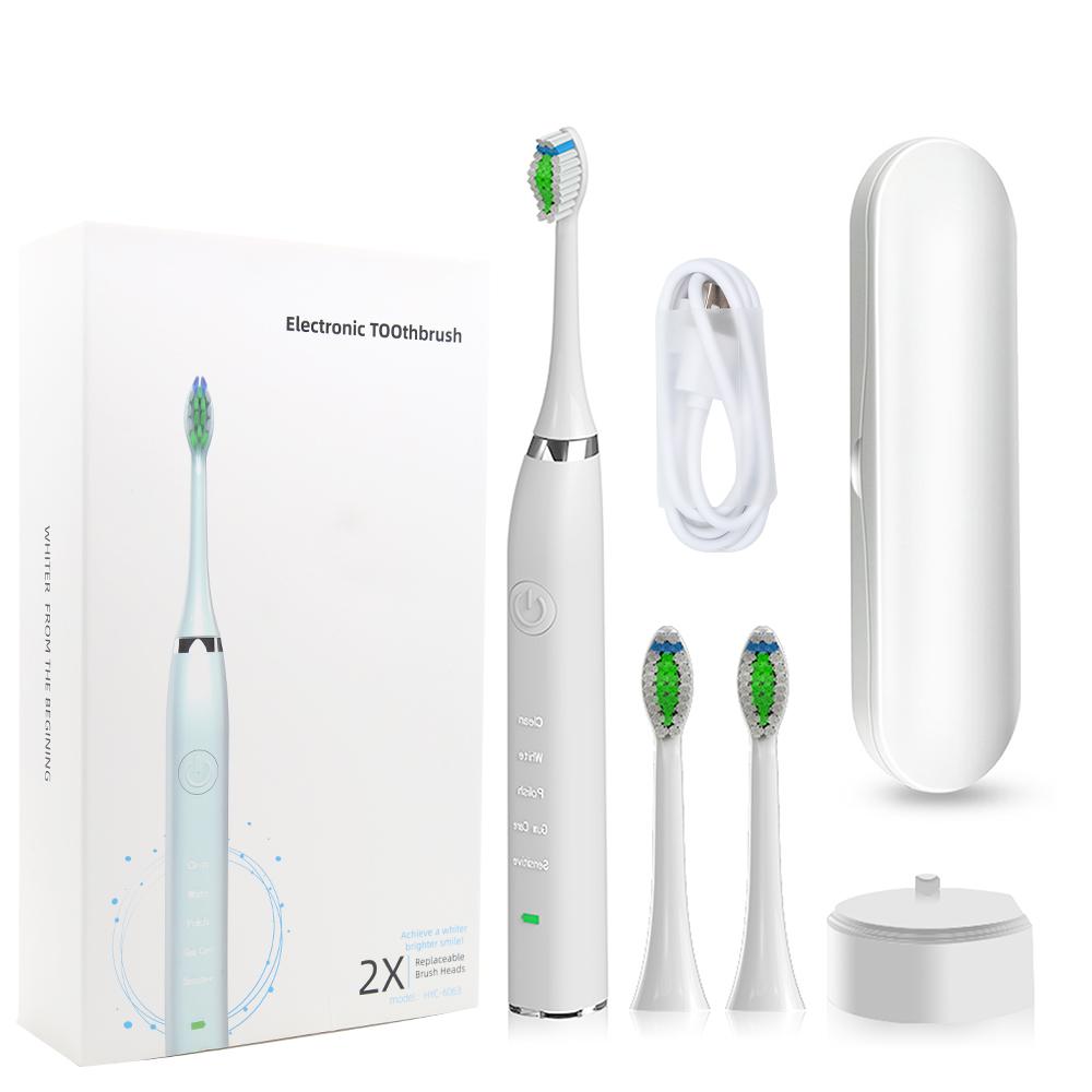 Sonic Electric Toothbrush in black and white with charging base, showcasing its sleek design and waterproof features.