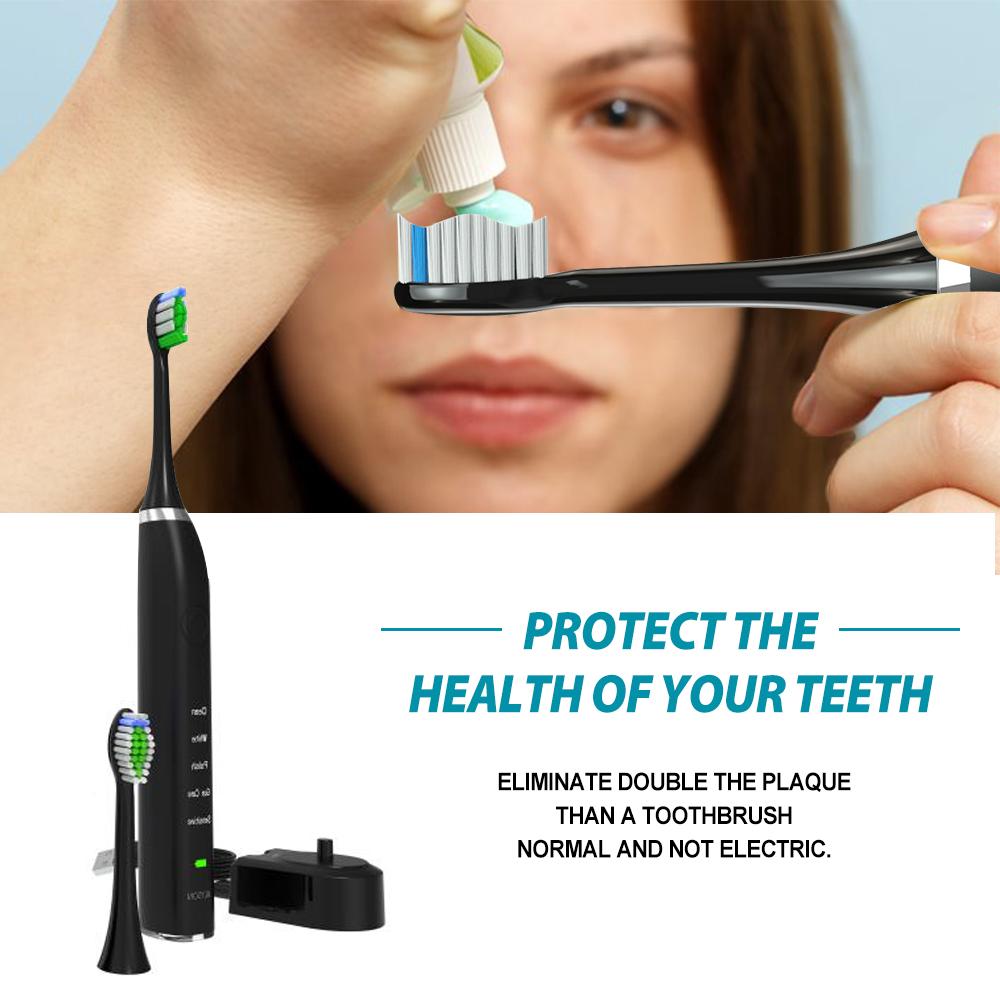 Sonic Electric Toothbrush in black and white with charging base, showcasing its sleek design and waterproof features.