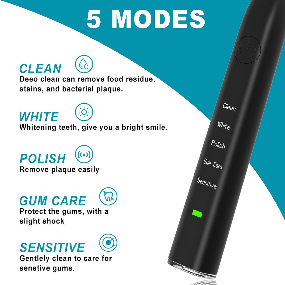 Sonic Electric Toothbrush in black and white with charging base, showcasing its sleek design and waterproof features.