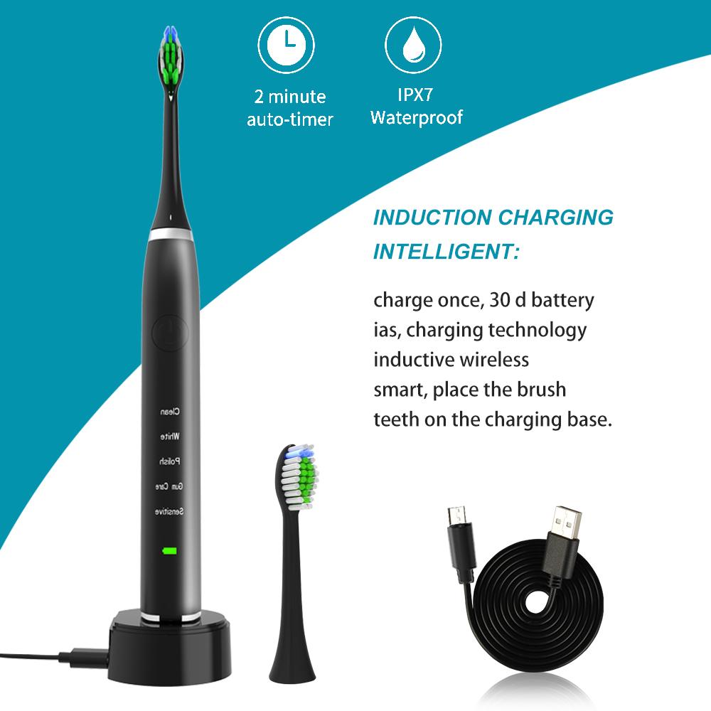 Sonic Electric Toothbrush in black and white with charging base, showcasing its sleek design and waterproof features.