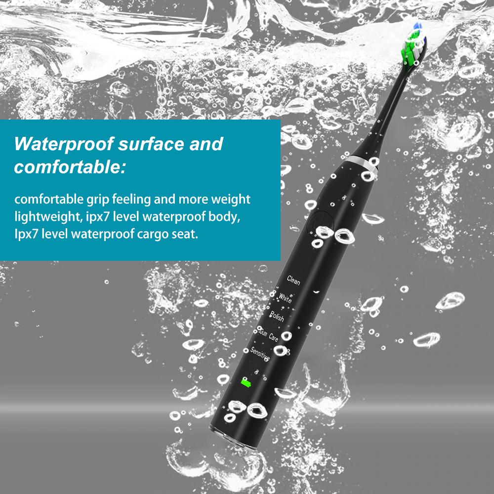 Sonic Electric Toothbrush in black and white with charging base, showcasing its sleek design and waterproof features.