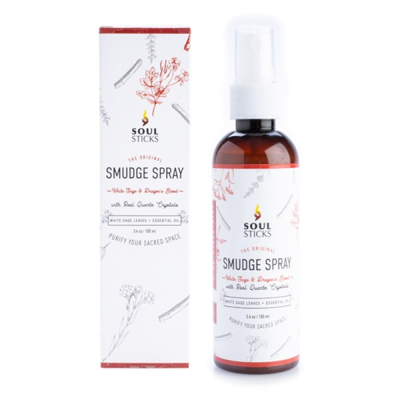 Soul Sticks White Sage and Dragon Blood Smudge Spray bottle with quartz crystals, 100ml, designed for space purification.